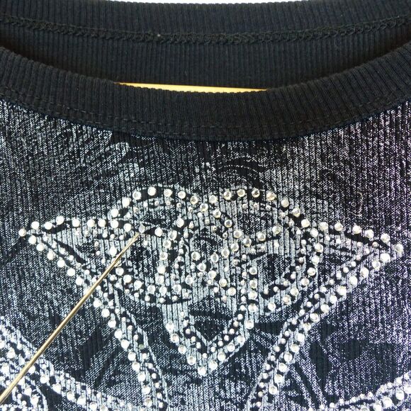 Y2K VTG Bejeweled Embellished Rhinestone Cross Thermal Top Womens XL Black Goth - Picture 5 of 12